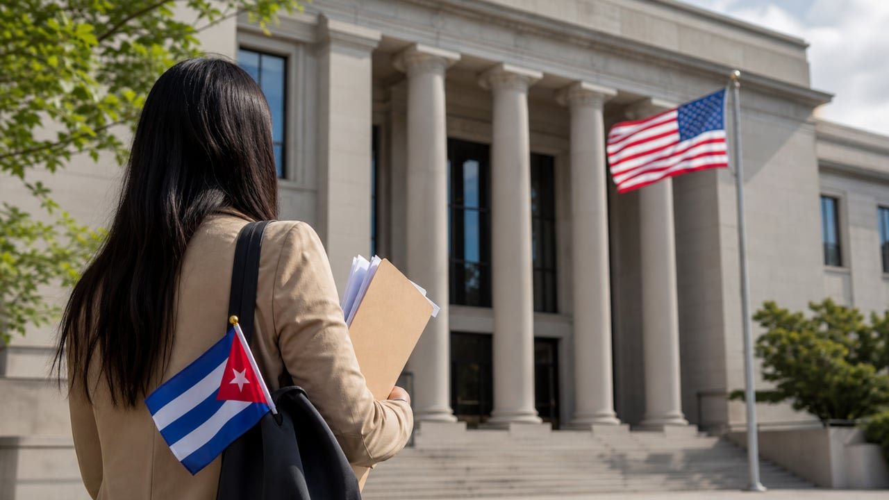 Solicitante cubano con documentos frente a una oficina federal de inmigración en Estados Unidos tras el fallo judicial sobre los trámites de USCIS