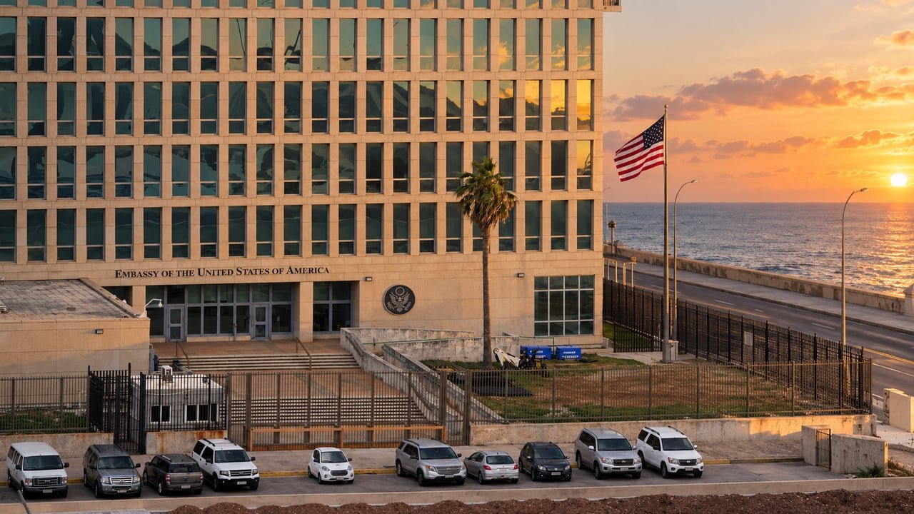 Fachada de la Embajada de Estados Unidos en La Habana con su bandera, por las siete vacantes de empleo abiertas hasta el 15 de octubre