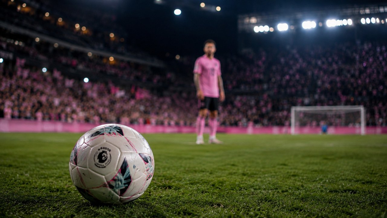 Jugador con la camiseta rosa del Inter Miami mirando al cielo en el campo, en referencia al gol de Lionel Messi tras la muerte de su padre