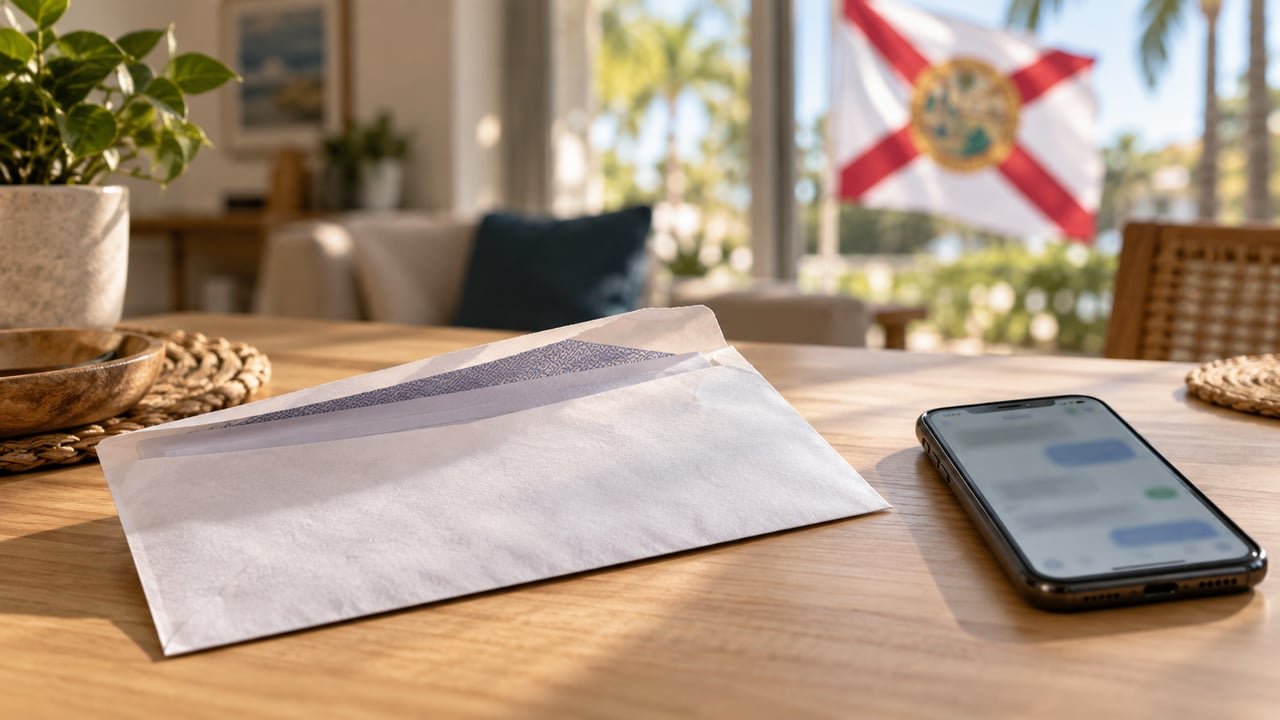 Teléfono con mensajes y sobre postal oficial de Estados Unidos junto a la bandera de Florida, sobre los cheques de 500 dólares de Obamacare que generan confusión entre la comunidad cubana