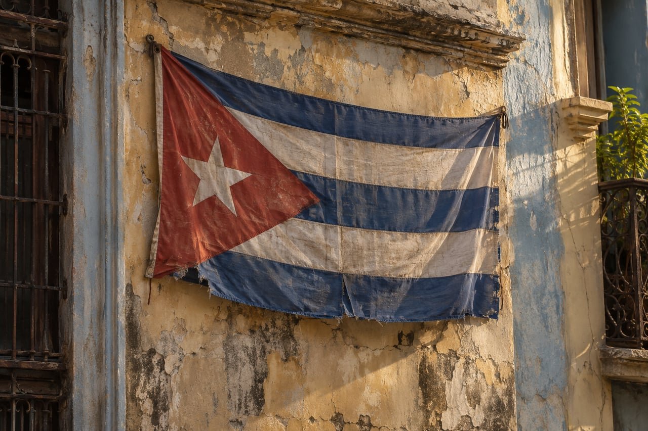 Bandera cubana descolorida ondeando en una fachada antigua de La Habana Vieja