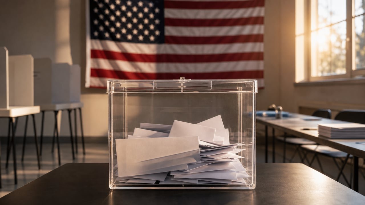 Urna electoral con bandera de Estados Unidos, en referencia a la ofensiva del DHS contra el fraude electoral que roza a votantes naturalizados