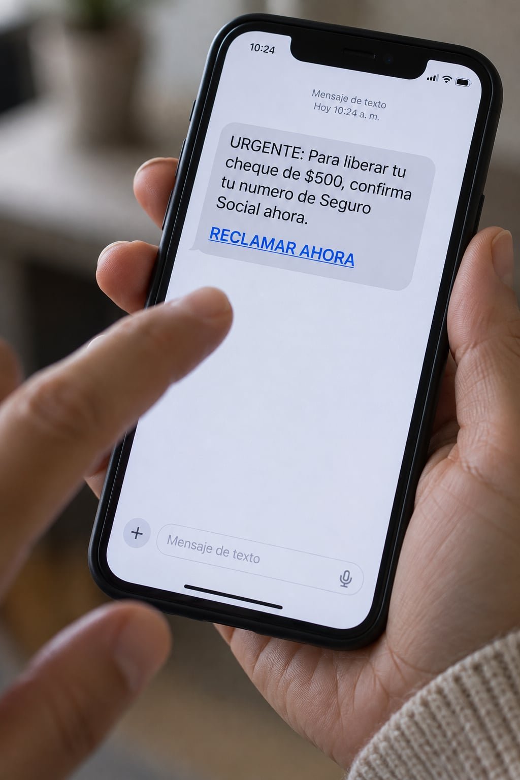 Mano sostiene un teléfono móvil con un mensaje de texto fraudulento que pide el número de Seguro Social para cobrar un cheque
