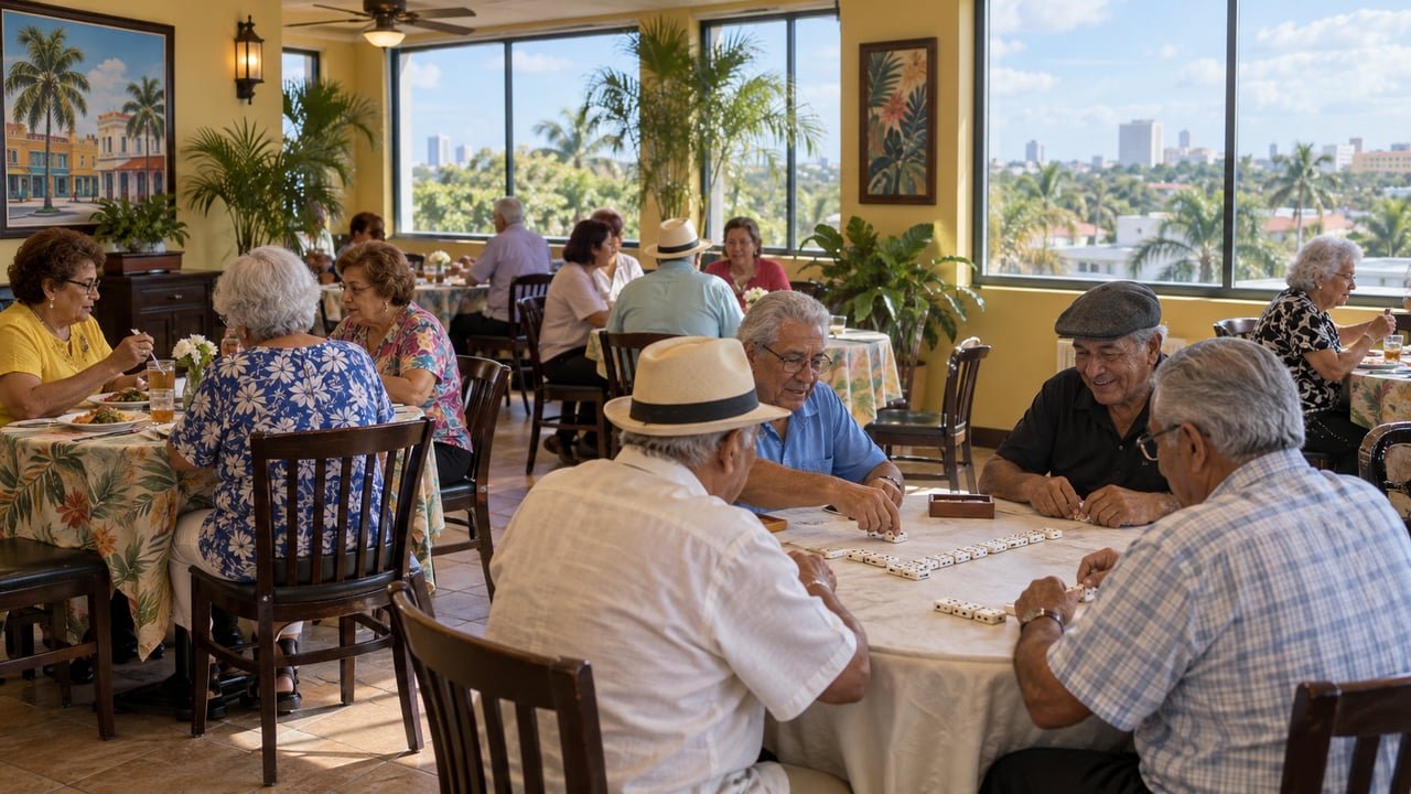 Adultos mayores cubanos almuerzan en el nuevo comedor de Hialeah dentro de La Carreta