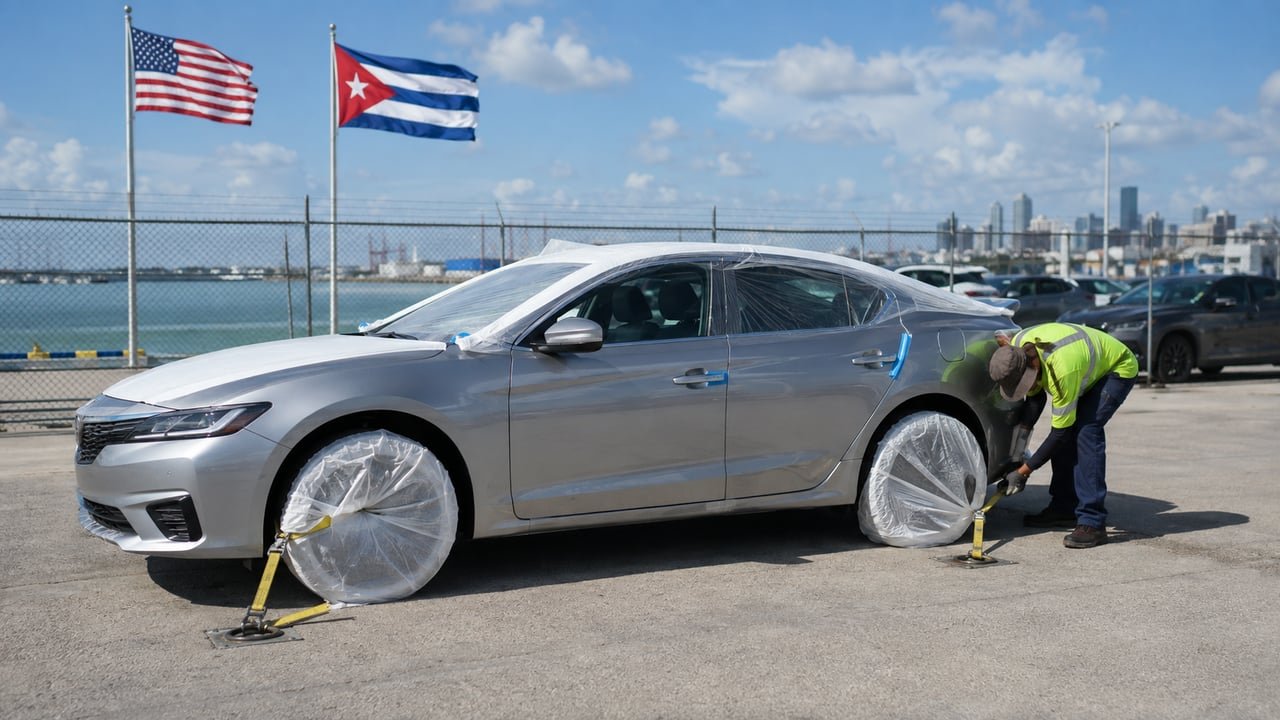 Auto preparado para su envío desde Miami hacia Cuba, con banderas de Estados Unidos y Cuba