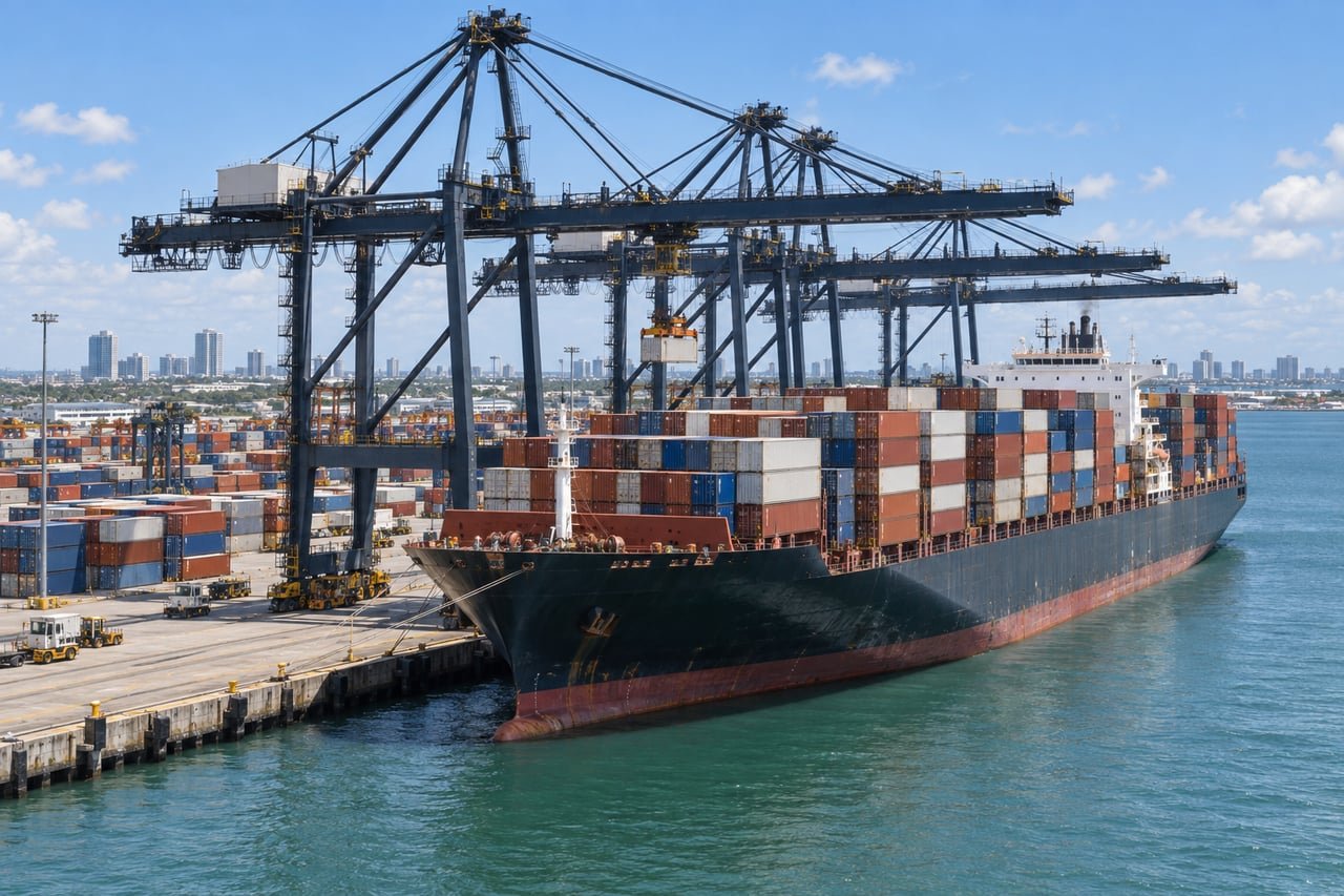 Buque portacontenedores cargado en un puerto de Estados Unidos con grúas pórtico