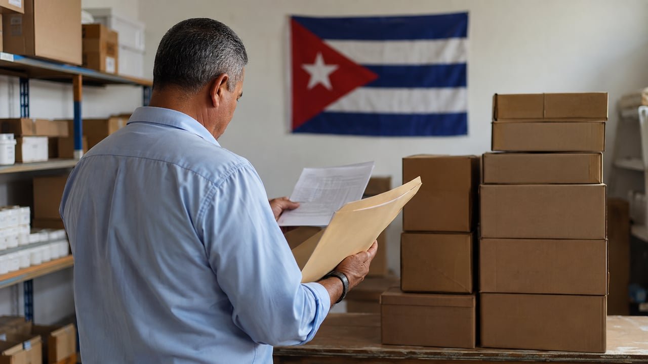 Empresario de una mipyme cubana revisa documentos de importación y exportación junto a la bandera de Cuba