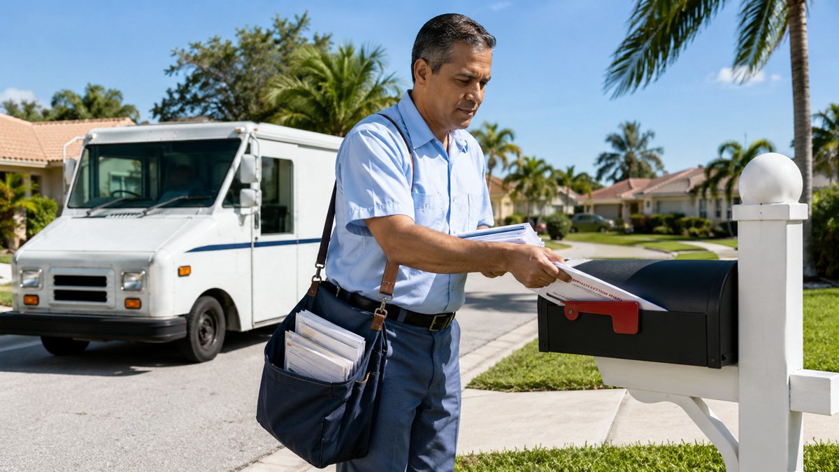 Alina García, supervisora de elecciones de Miami-Dade, con sobres de voto por correo para las primarias del 18 de agosto