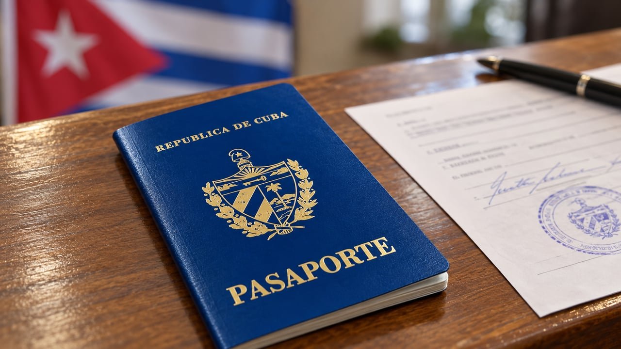 Pasaporte cubano sobre un mostrador consular con sello oficial, ilustrando la renuncia a la ciudadanía cubana