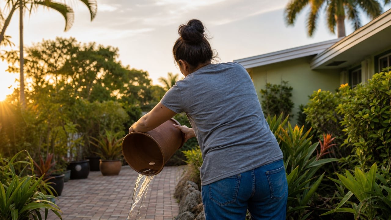 Prevención del dengue en Miami-Dade: una persona vacía agua estancada de una maceta en un patio del sur de Florida