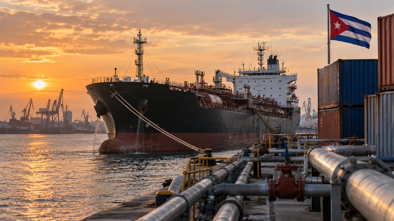 Buque cisterna de combustible en un puerto industrial con la bandera cubana en primer plano, ilustrando a ENETEC, la empresa estatal cubana sancionada por EE. UU.