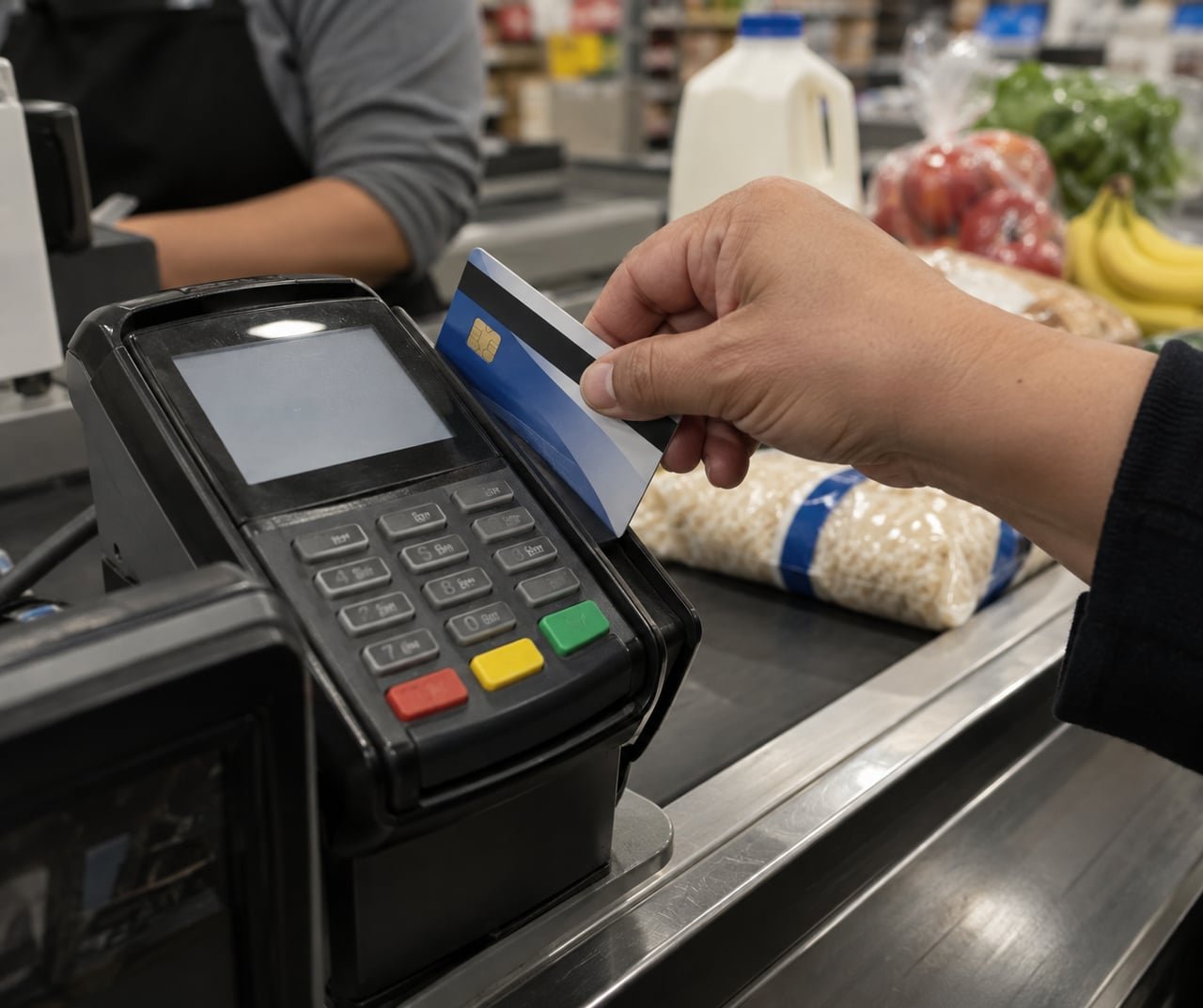 Tarjeta EBT de asistencia alimentaria pasada por un datáfono en la caja de un supermercado en Estados Unidos
