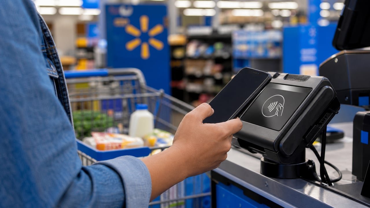 Cliente paga con el teléfono en una caja de Walmart con pago sin contacto