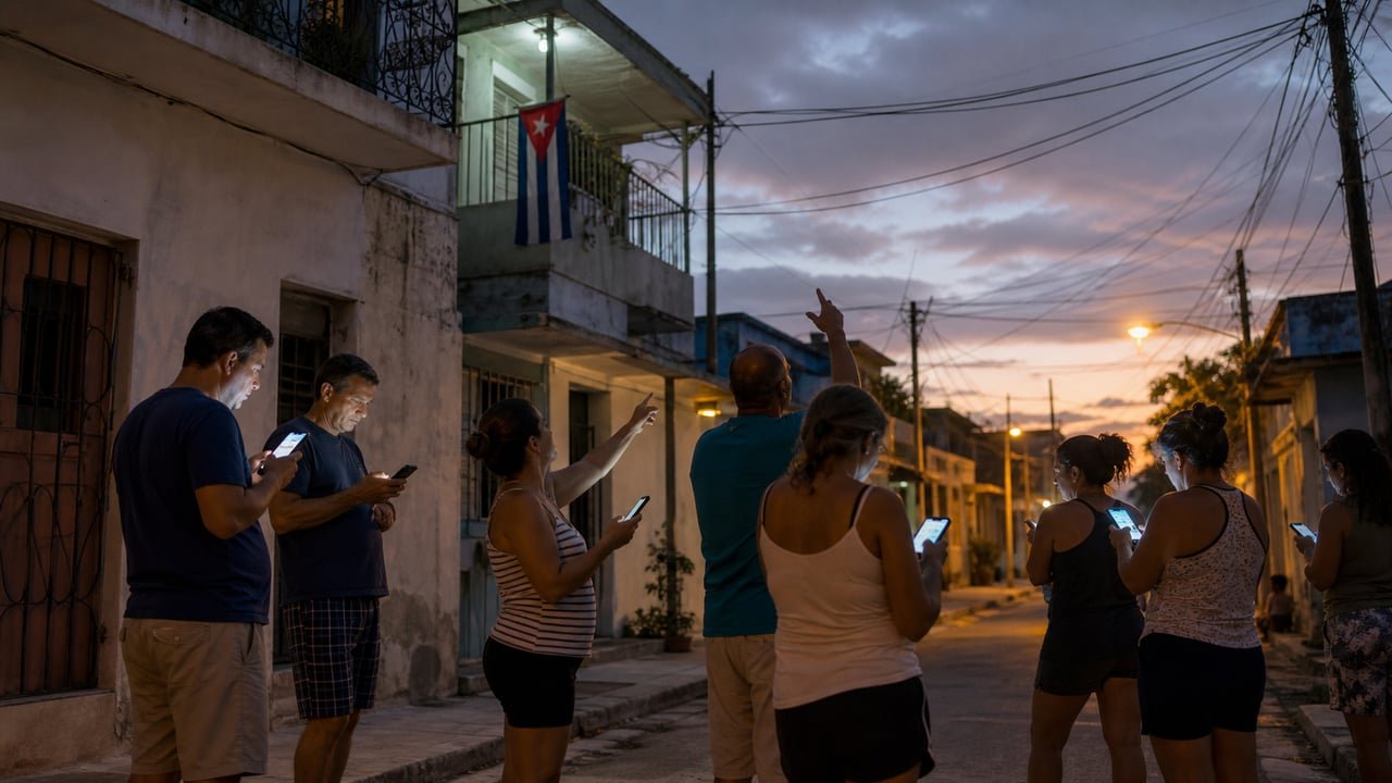 Vecinos en Cuba revisan sus teléfonos en la calle tras la falsa alerta de terremoto