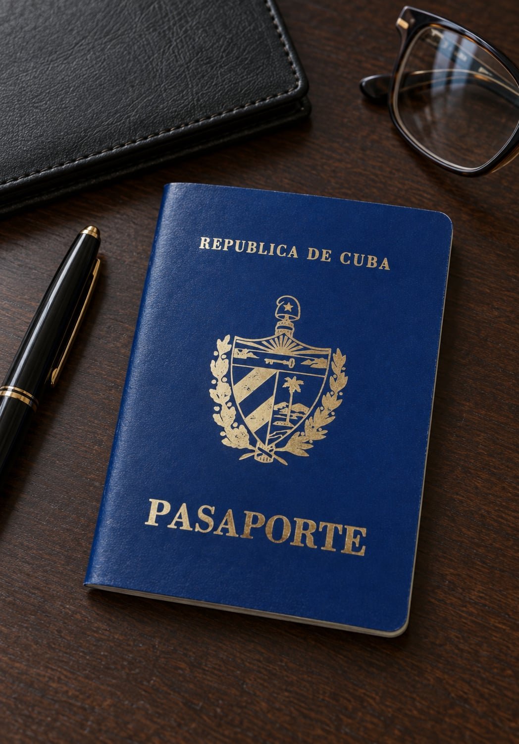 Pasaporte cubano azul sobre un escritorio de madera junto a documentos de negocio