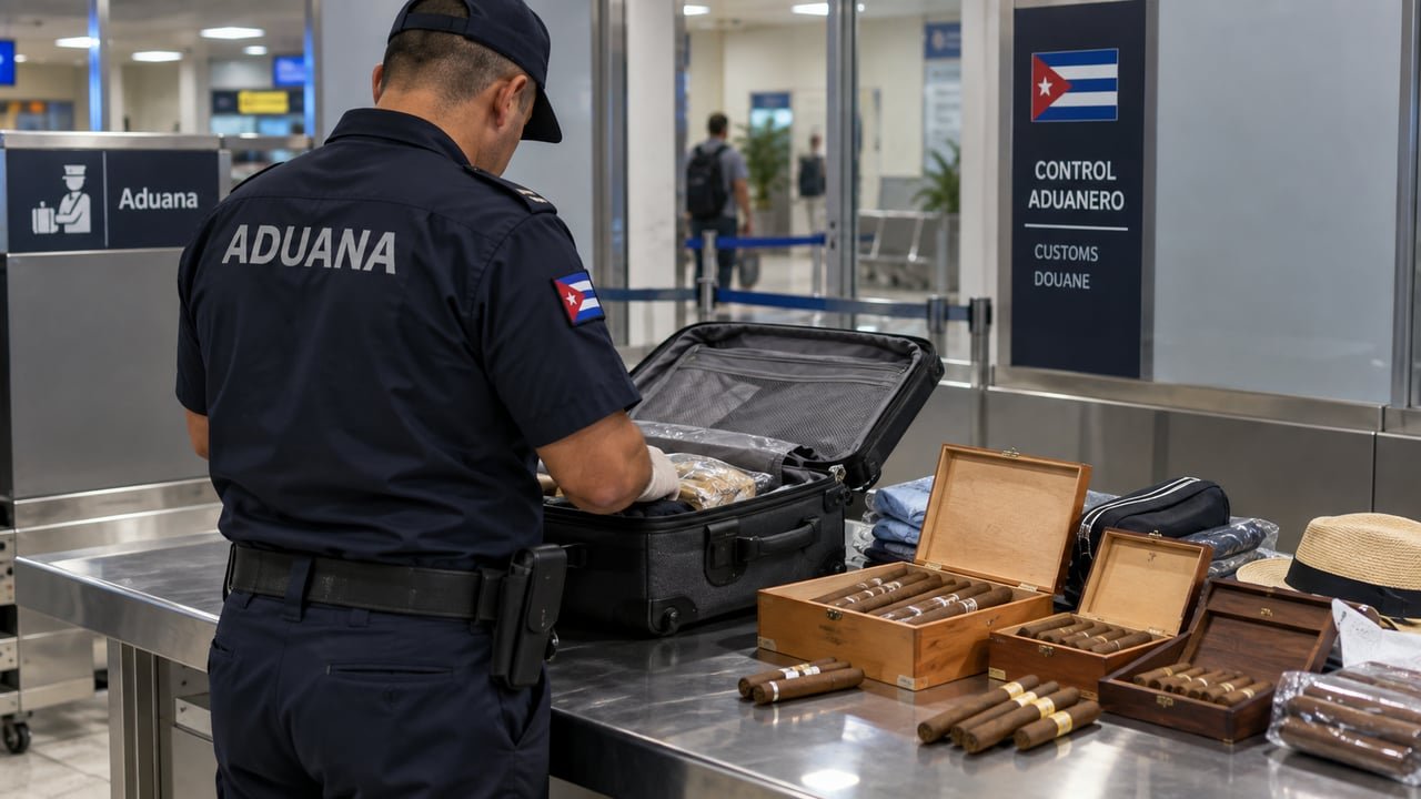 Control de aduana en un aeropuerto de Cuba con cajas de tabaco decomisadas sobre una mesa de inspección