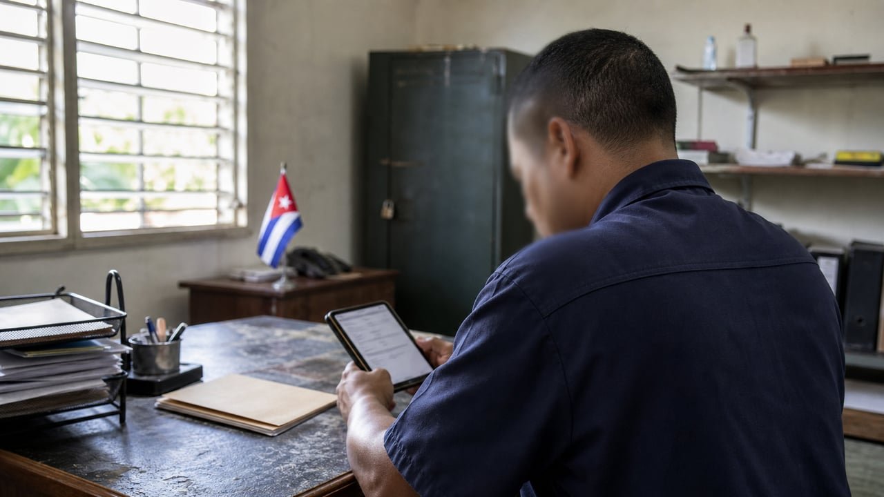 Trabajador estatal cubano consulta el documento de las Transformaciones Económicas y Sociales en la plataforma Soberanía
