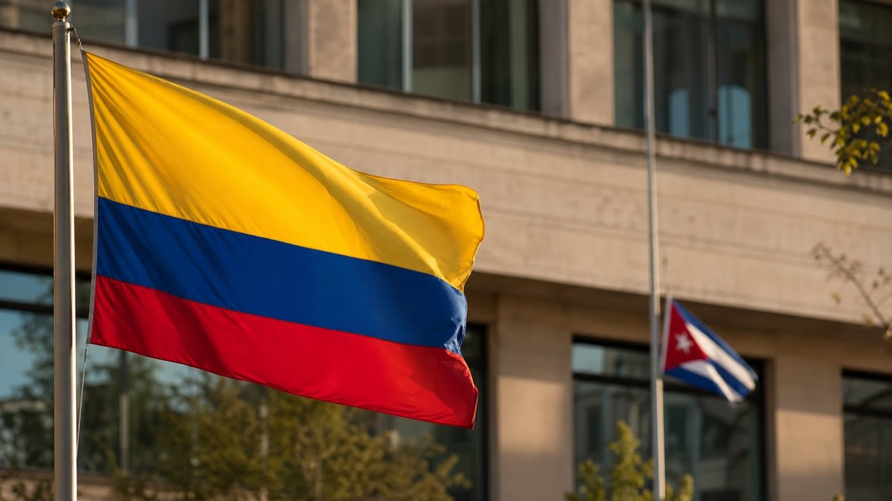 Bandera de Colombia en primer plano junto a un mástil con la bandera de Cuba, símbolo del cierre de la embajada colombiana en La Habana