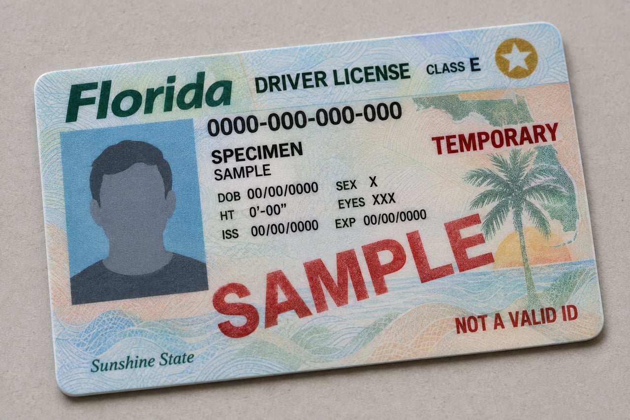 Licencia de conducir de Florida con marca TEMPORARY y estrella dorada REAL ID