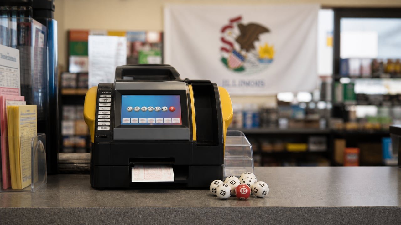 Mostrador de lotería con boletos de Powerball y bandera de Illinois tras el jackpot de 1.040 millones de dólares