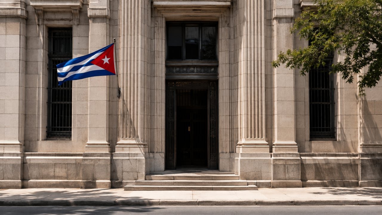 Fachada de un edificio bancario en La Habana con la bandera cubana, en referencia a la Resolución 100/2026 sobre cuentas bancarias en el exterior
