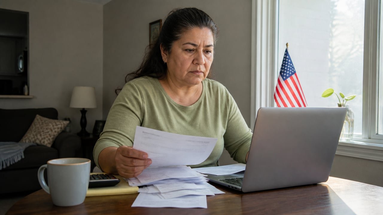 Persona revisando documentos de impuestos frente a un portátil en Estados Unidos, ilustrando el plazo de IRS Free File 2026