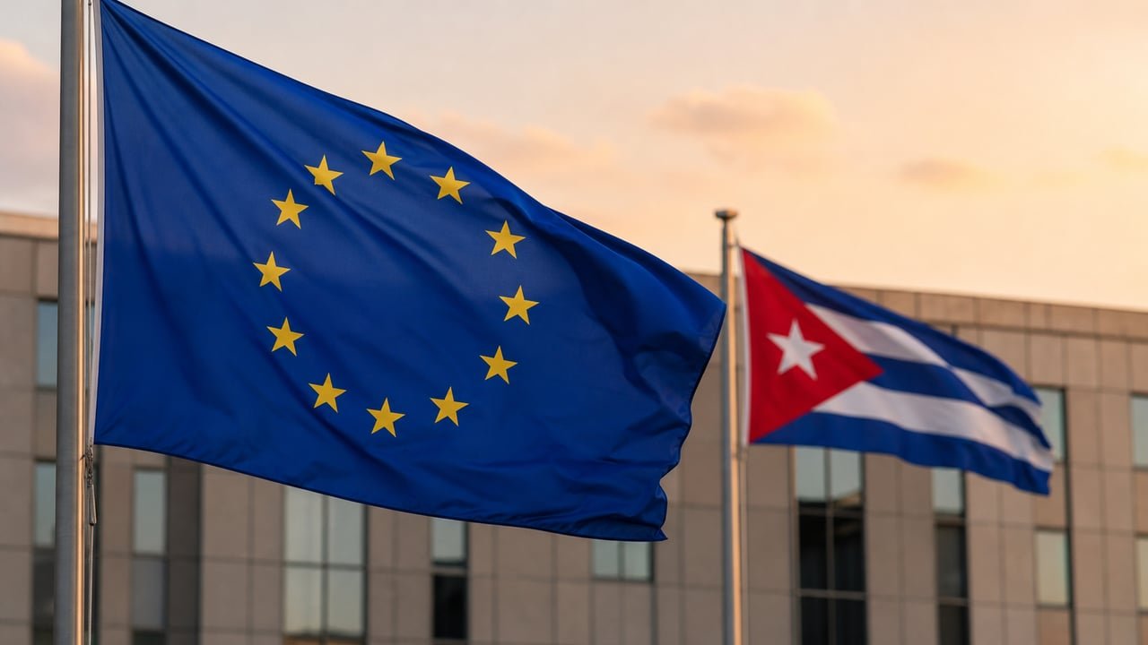 Banderas de la Unión Europea y Cuba ondeando juntas, símbolo de la cooperación europea con Cuba en medio del repunte de la represión