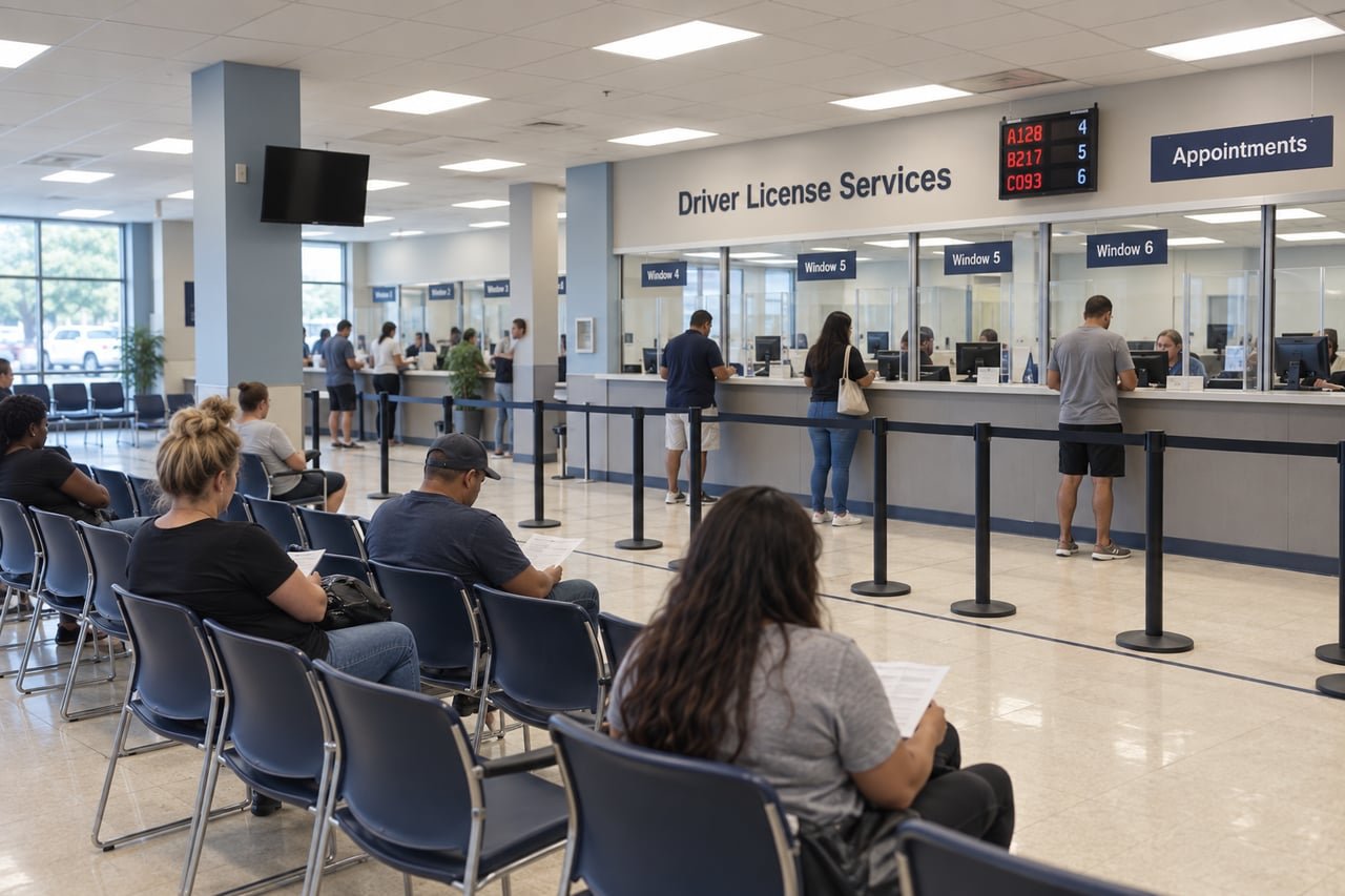 Interior de una oficina de licencias de conducir con ventanillas de atención y sala de espera