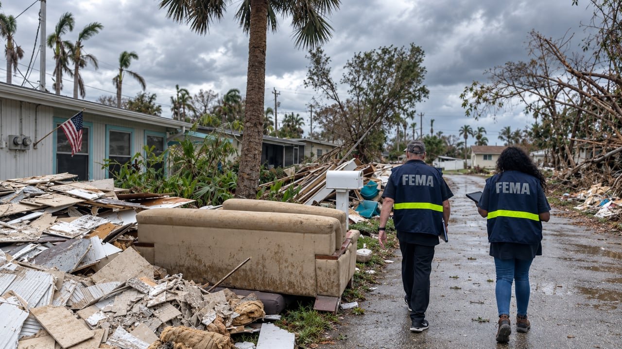 Equipo de FEMA en labores de respuesta tras un huracán en el sureste de Estados Unidos, tras el fallo que declaró ilegal el recorte de personal de la agencia impulsado por Trump