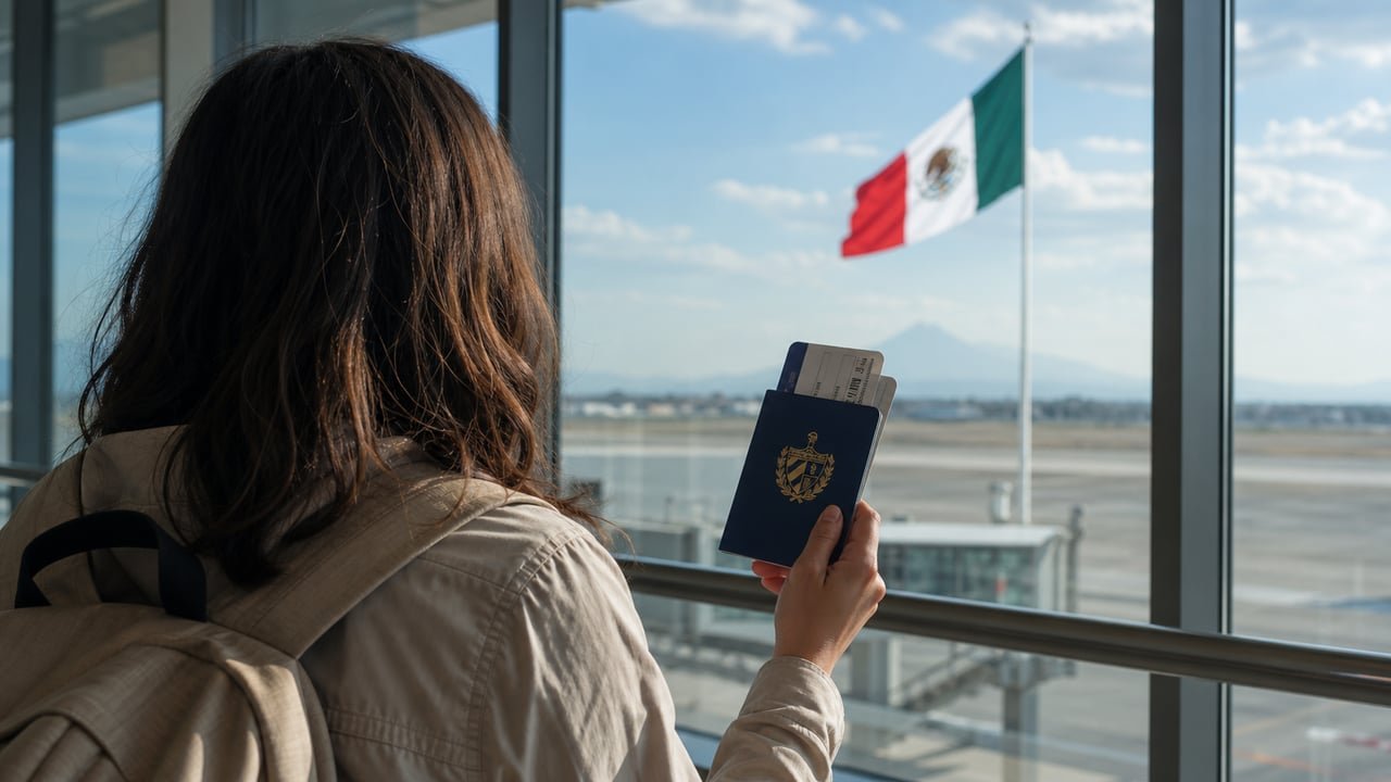 Viajero cubano con pasaporte y tarjeta de embarque frente a la bandera de México, sobre el pago migratorio para entrar a México en 2026