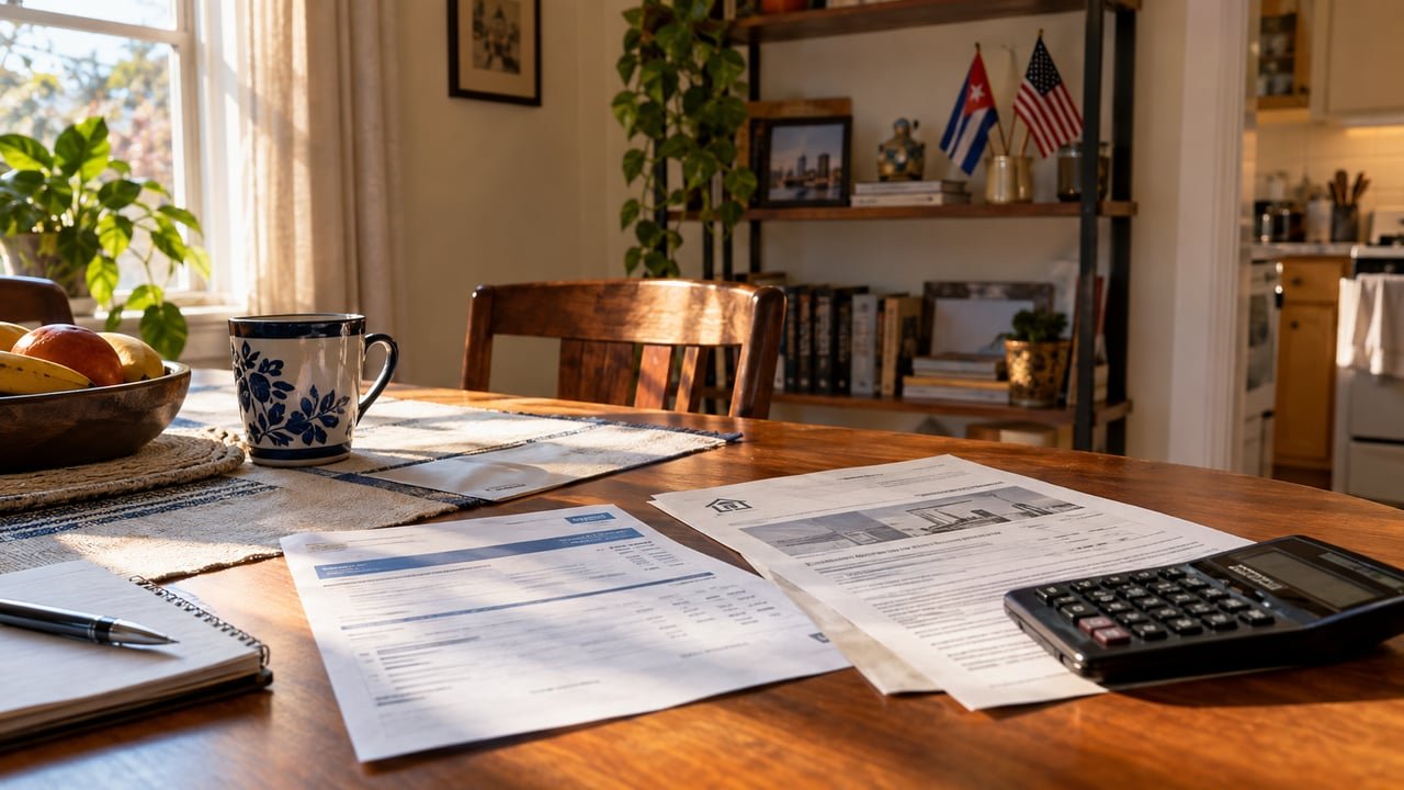 Documentos de hipoteca y tarjeta de crédito sobre una mesa en un hogar cubano en Estados Unidos tras la subida de tasas de la Reserva Federal