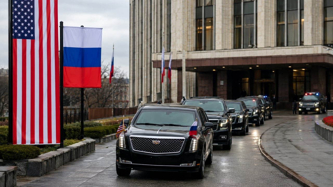 Comitiva oficial con banderas de Estados Unidos y Rusia llega a Moscú para la negociación de Witkoff y Kushner sobre el fin de la guerra en Ucrania