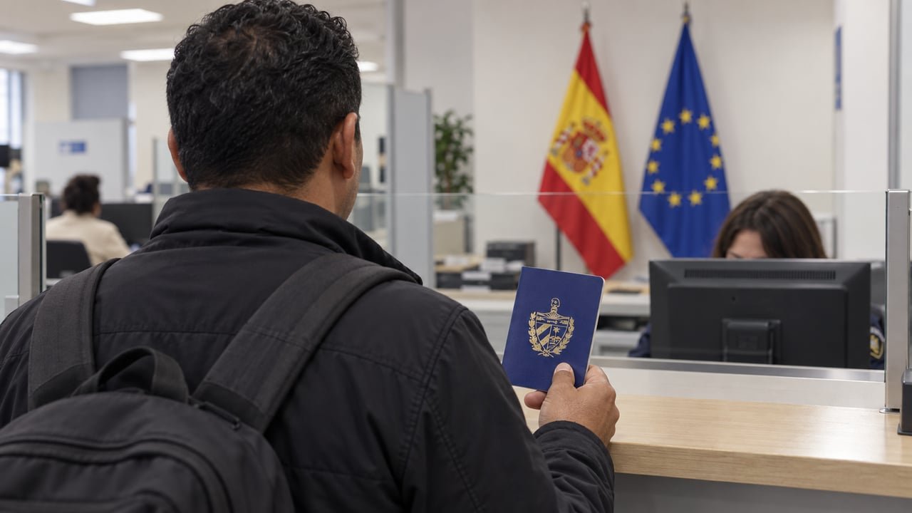 Persona de espaldas con pasaporte cubano en una oficina de extranjería en España
