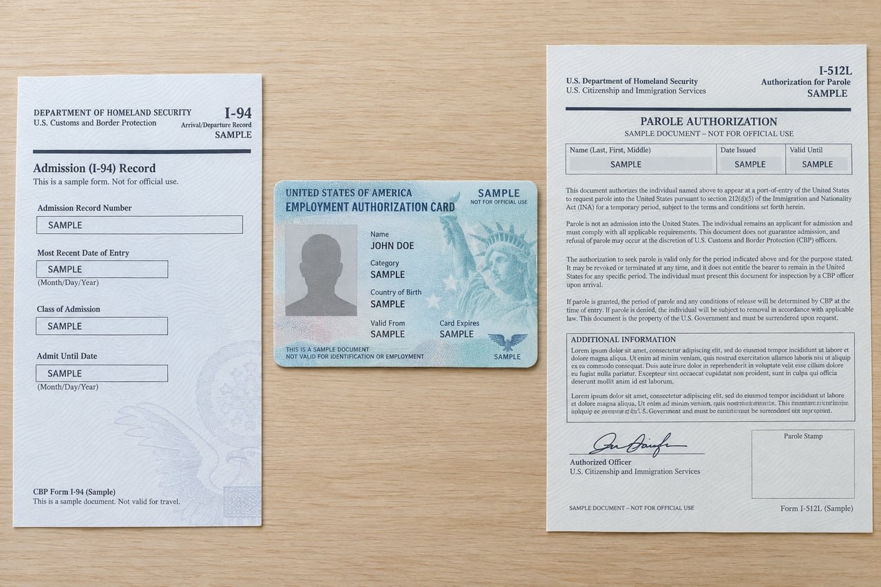 Documentos migratorios de muestra: formulario I-94, tarjeta EAD y carta de parole sobre una mesa