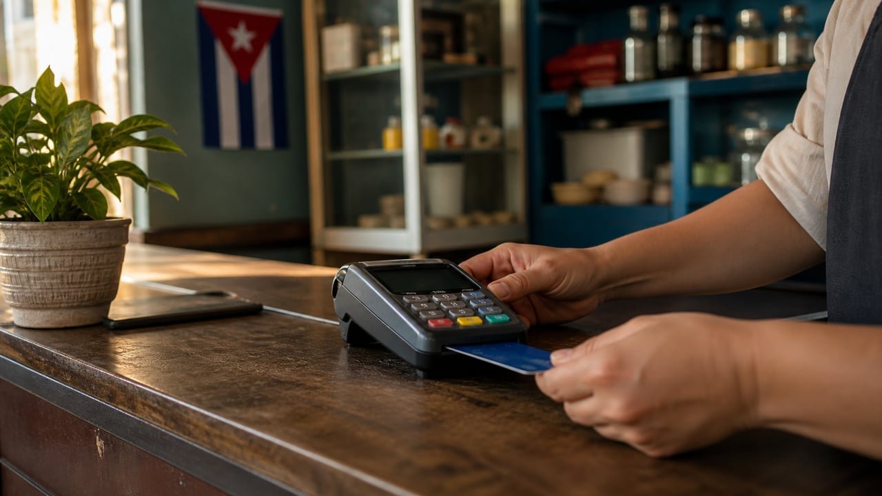Datáfono para pagos electrónicos en un negocio privado de La Habana durante la inspección de bancarización
