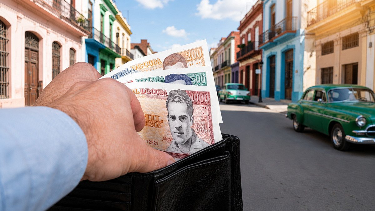 Cubano cuenta pesos frente a un mostrador de mercado informal tras la entrada en vigor del nuevo salario mínimo de 3.210 pesos en Cuba