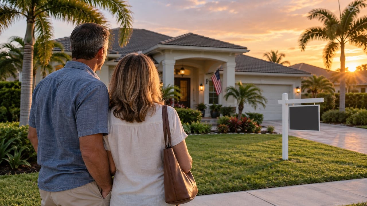 Familia cubana frente a una casa en venta en Estados Unidos mientras suben las tasas hipotecarias al 7,03 %