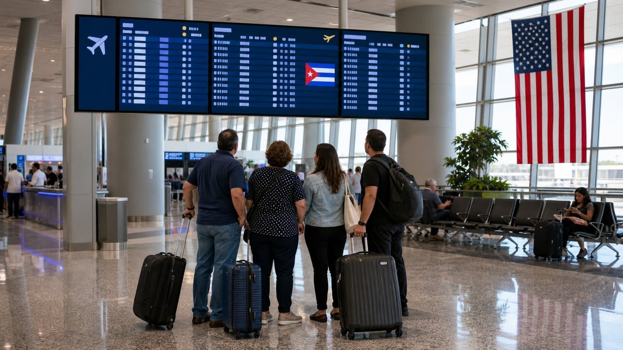 Viajeros esperan un vuelo de Miami a Cuba en el aeropuerto tras la alerta de la Embajada de EE. UU. por el apagón masivo