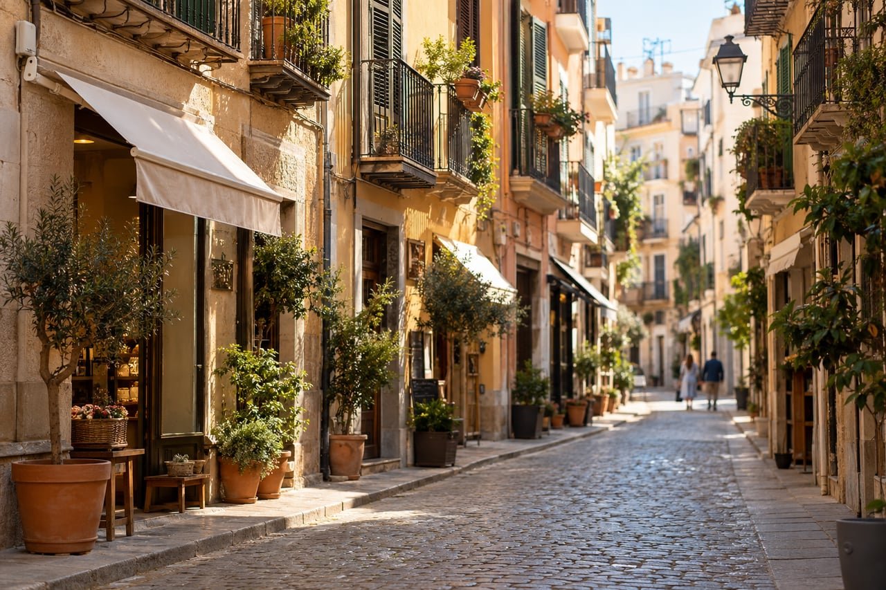Calle soleada de un barrio español con arquitectura mediterránea y ambiente cotidiano, contexto de la comunidad cubana en Esp