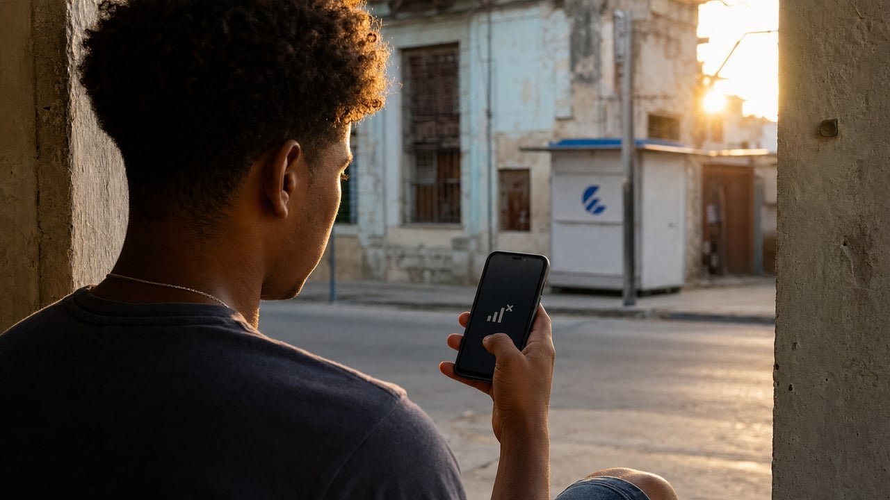 Un cubano revisa su teléfono móvil sin señal tras la avería de ETECSA que dejó sin servicio a numeraciones en toda Cuba