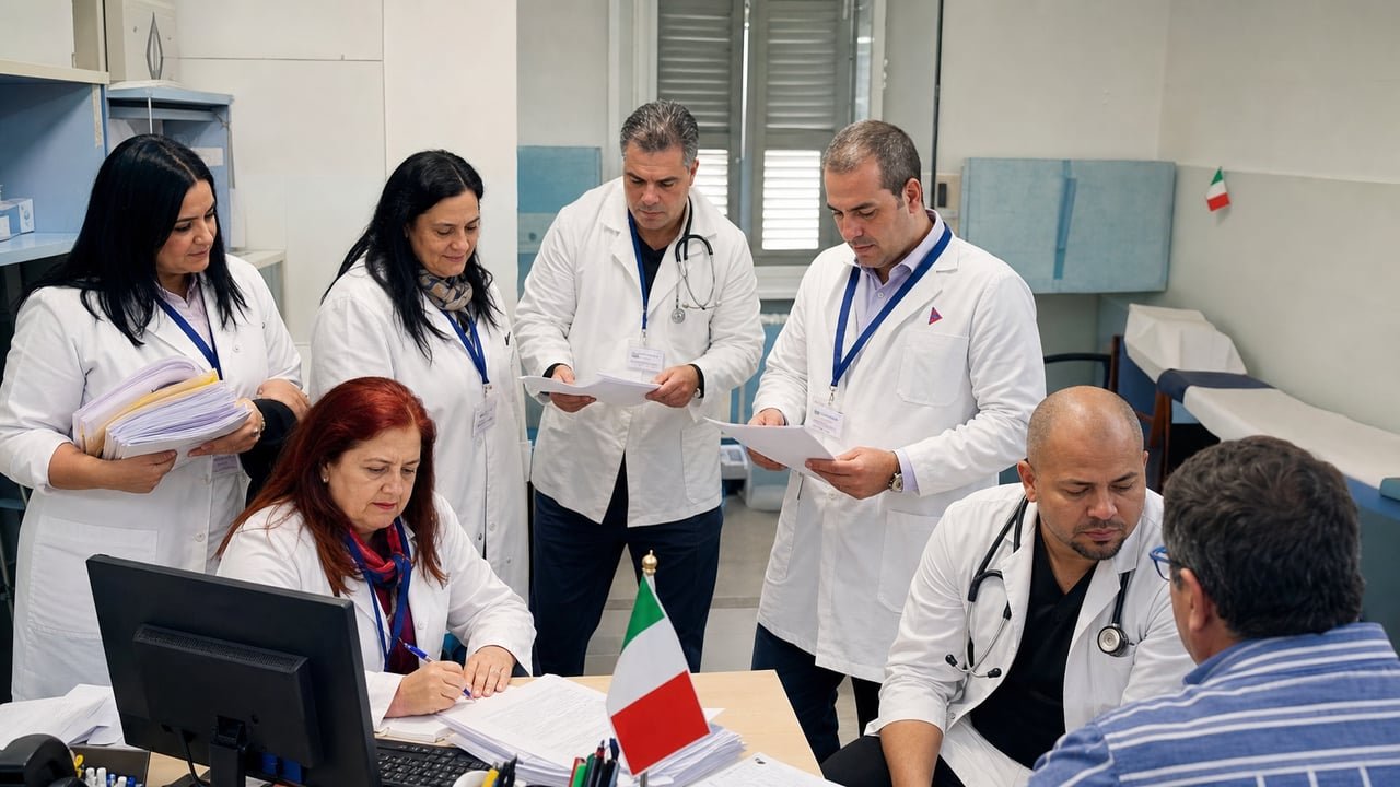 Médicos cubanos de la misión médica en Calabria, Italia, en referencia a la cuenta bancaria de la CSMC inhabilitada