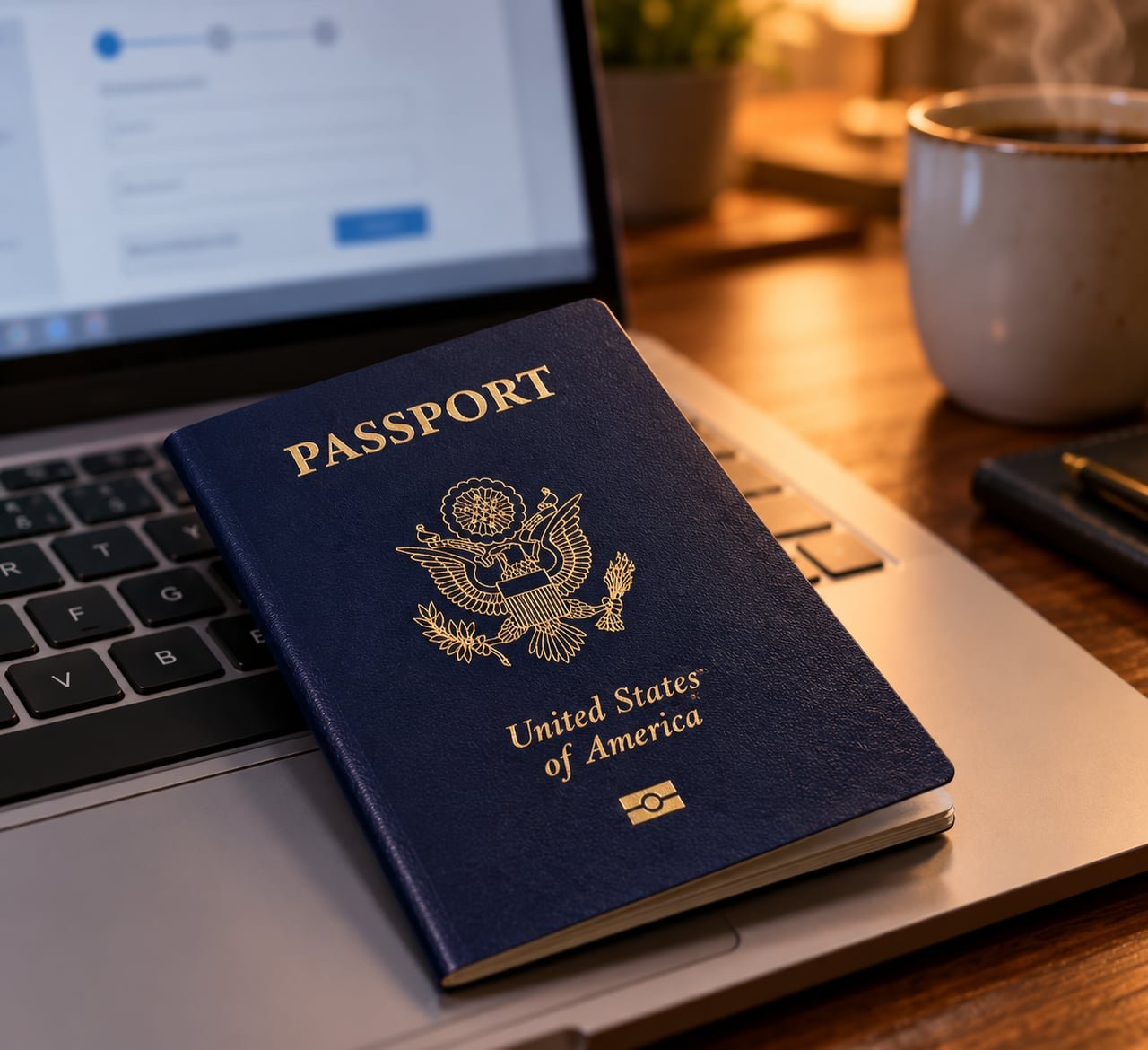 Pasaporte estadounidense azul junto a una laptop con un formulario de trámite en línea
