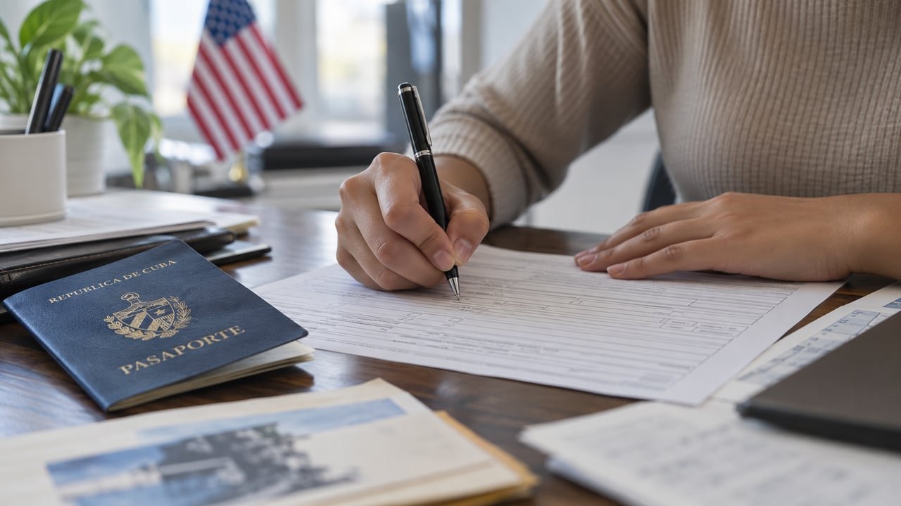 Persona rellenando los formularios I-539 e I-765 de USCIS junto a un pasaporte cubano, ante el cambio de edición del 15 de septiembre de 2026