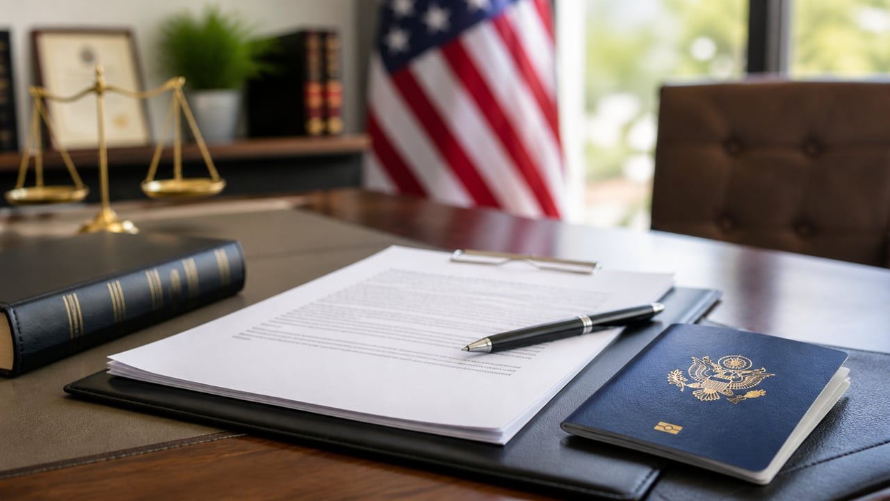 Documentos legales y pasaporte cubano sobre un escritorio, ilustrando cómo verificar a un abogado de inmigración en Estados Unidos