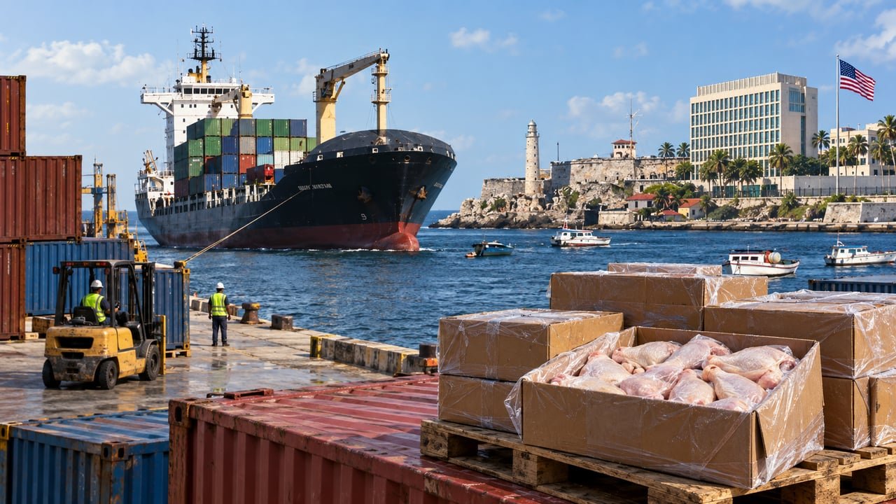 Puerto de La Habana con bandera de Estados Unidos y cajas de pollo importado, comercio Cuba-EEUU