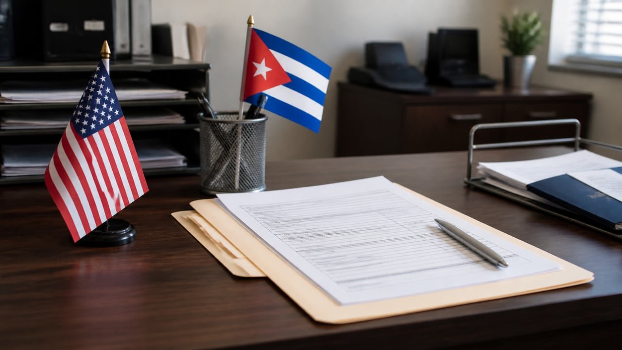 Formulario I-485 de ajuste de estatus con banderas de Cuba y Estados Unidos sobre un escritorio de trámites migratorios