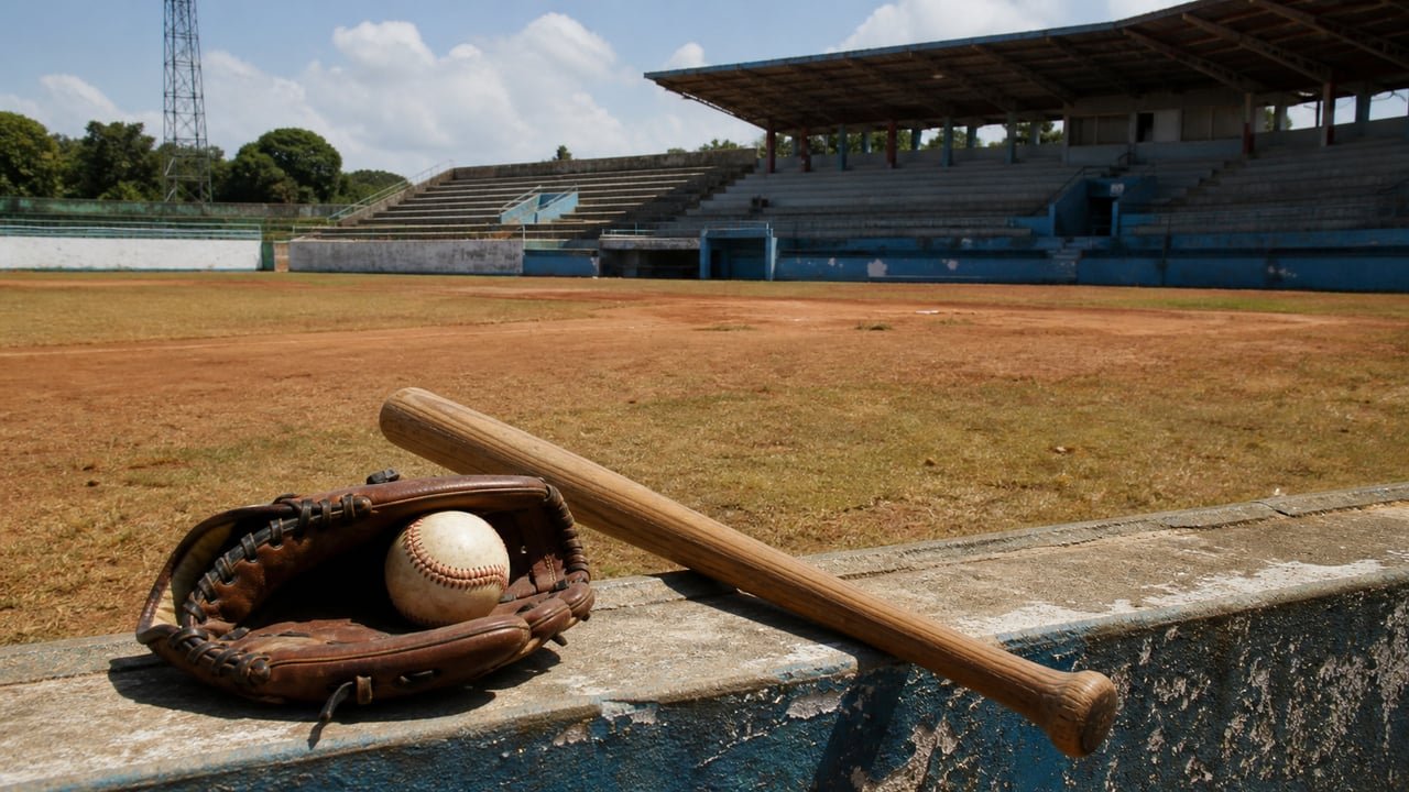 Estadio de béisbol cubano con las gradas vacías durante el día, símbolo del recorte de la Serie Nacional de béisbol por la crisis del combustible