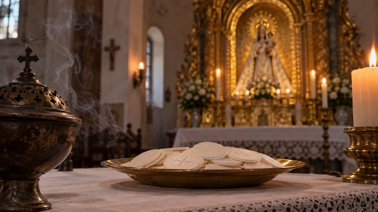 Bandeja de hostias sobre un altar con la Virgen de la Caridad del Cobre al fondo, en el Santuario de El Cobre en Cuba