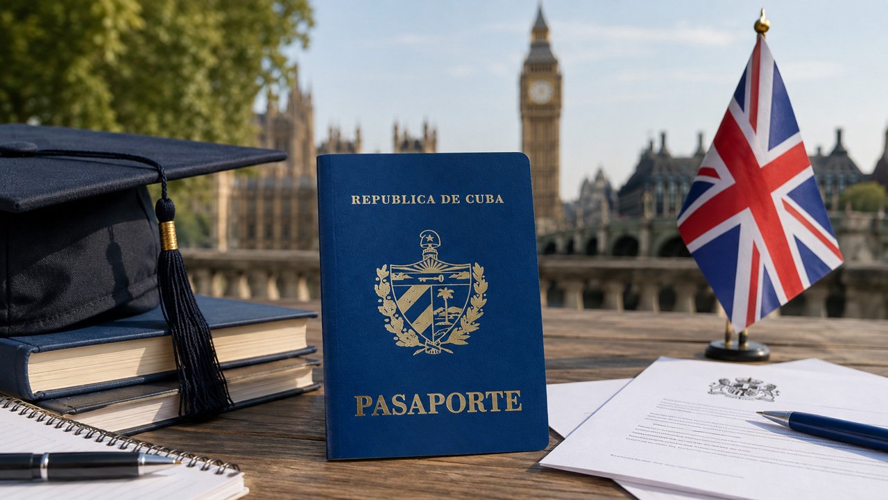 Pasaporte cubano junto a una bandera del Reino Unido sobre un escritorio, en referencia a la beca Chevening para estudiar una maestría en Reino Unido