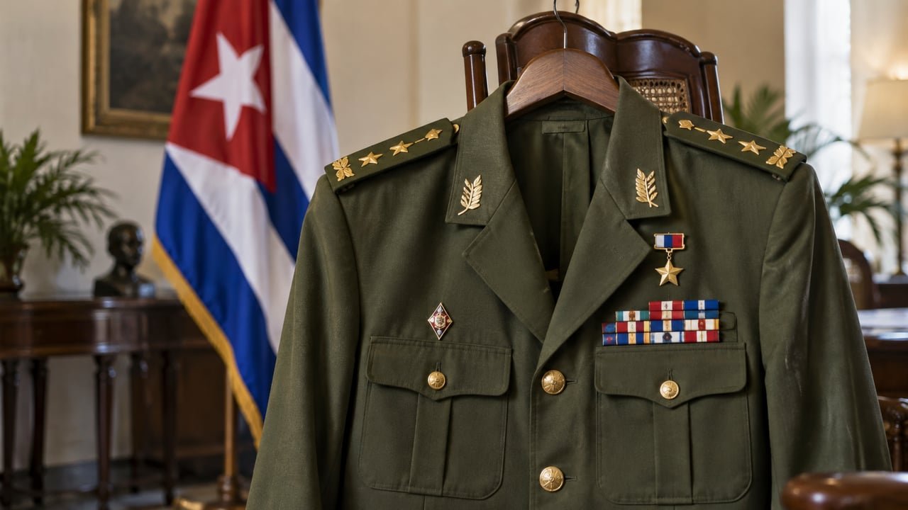 Uniforme militar cubano y bandera de Cuba como símbolo del poder real de la familia Castro en la isla